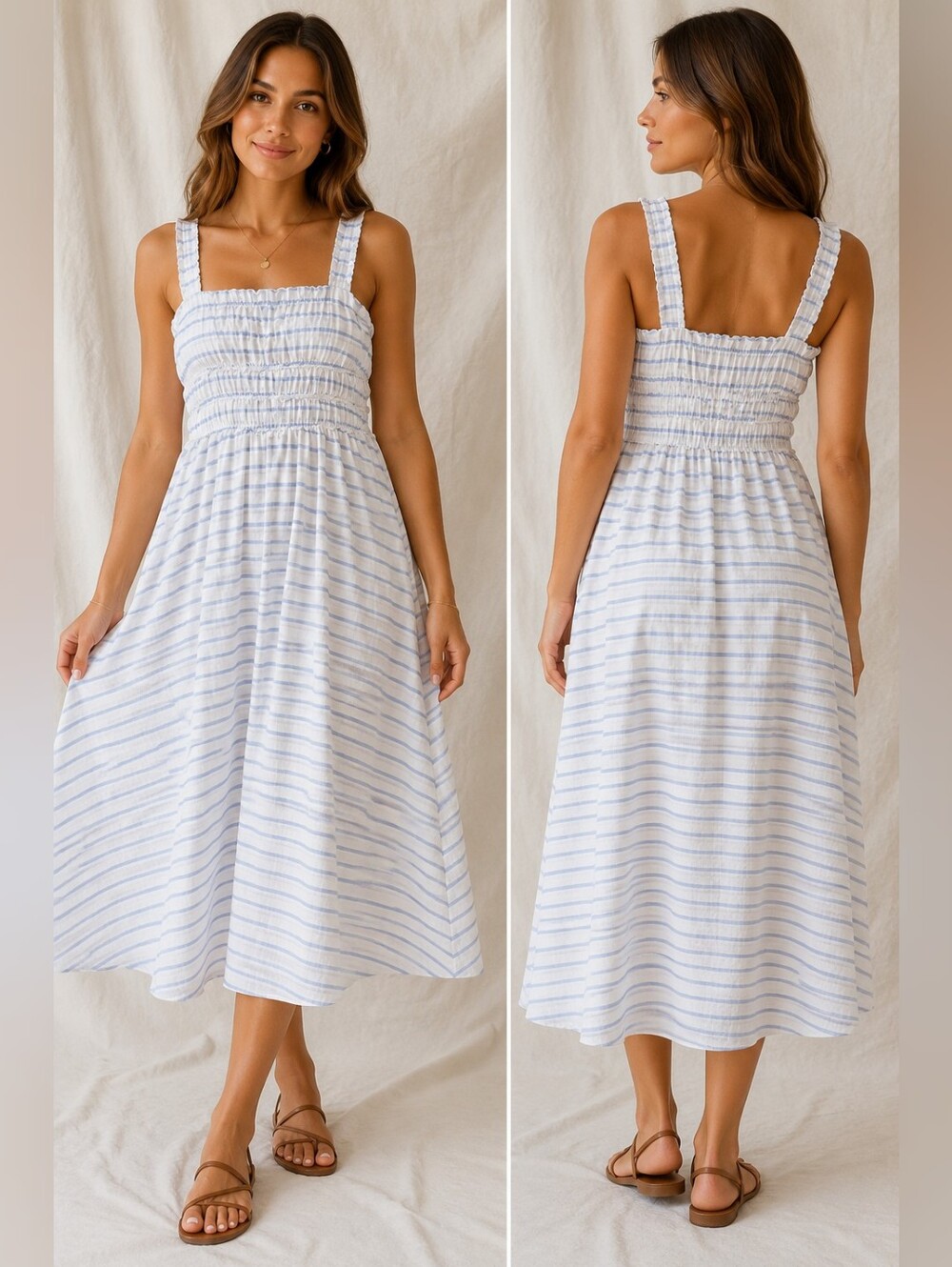 Altar'd State Avery Striped Smocked Midi Maxi Dress In Blue & White Sz L
